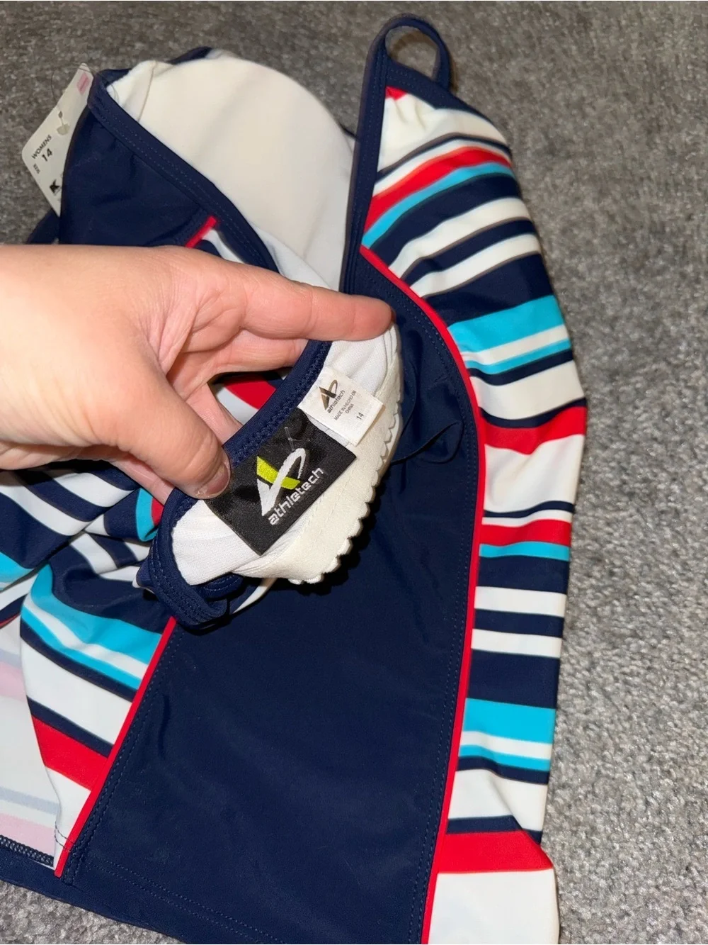 Women’s Athletech Striped Swim Top in Navy, Turquoise & Red NWT Size 14